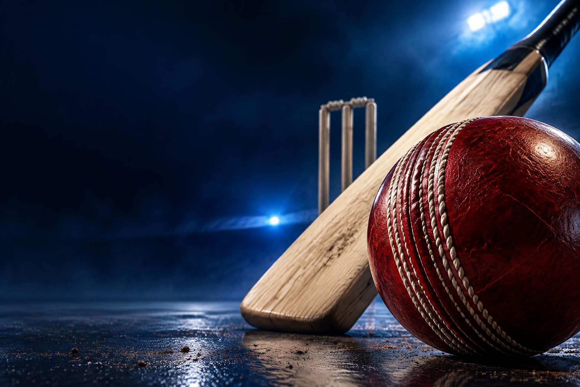 Detailed cricket ball and wooden bat in a dramatic blue sporting scene